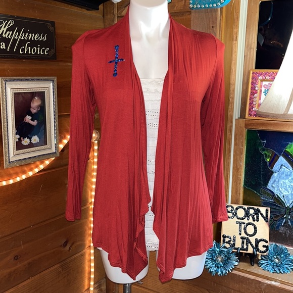 COPPER/RUST open cardigan crystal cross detail 3/4 sleeve tailored back NWT - Picture 3 of 7